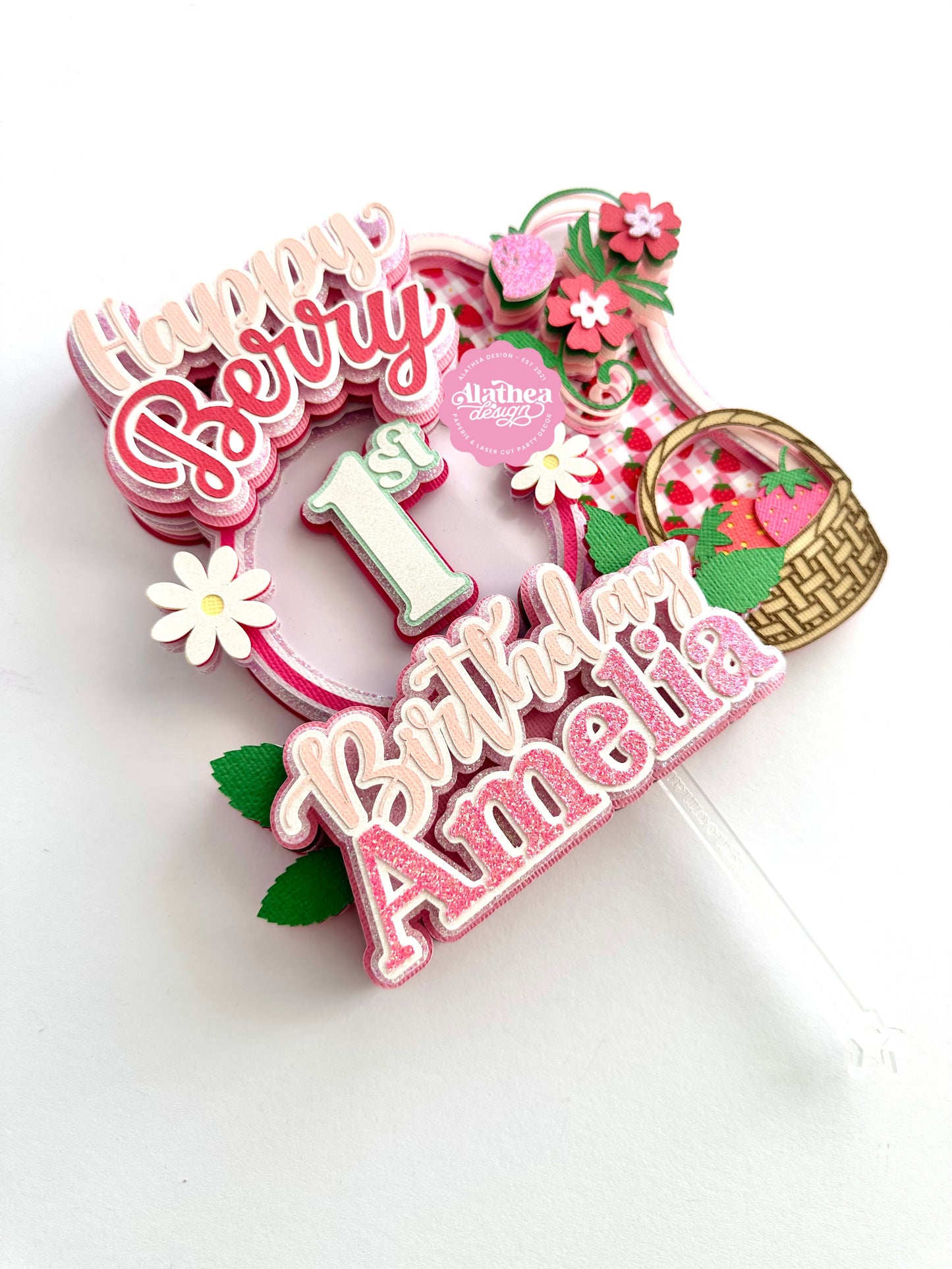 Pink Berry First Birthday Cake Topper